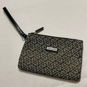 Tommy Hilfiger Travel Cosmetic Makeup Bag Geometric Pattern Silver Logo Biege